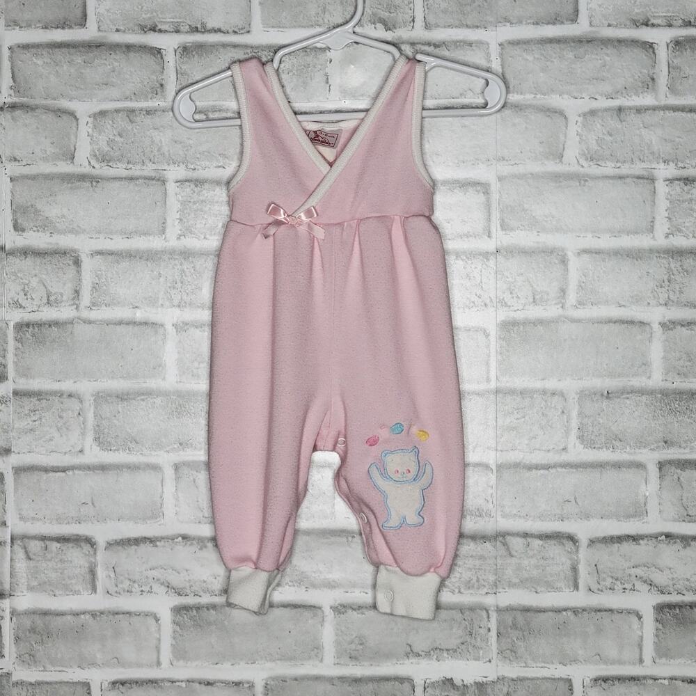 Vintage Buster Brown Juggling Bear Pink Romper, sz 3/6 months